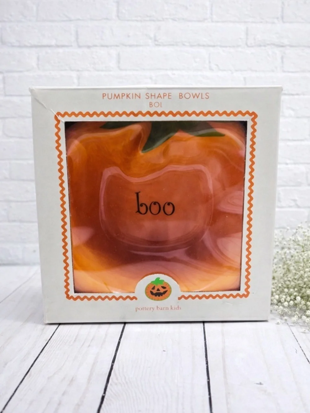 Pottery Barn Kids NEW IN BOX Boo Pumpkin Shape Melamine Bowls 4 piece set